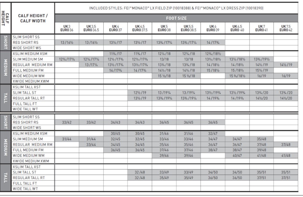 Ariat Monaco Size Chart